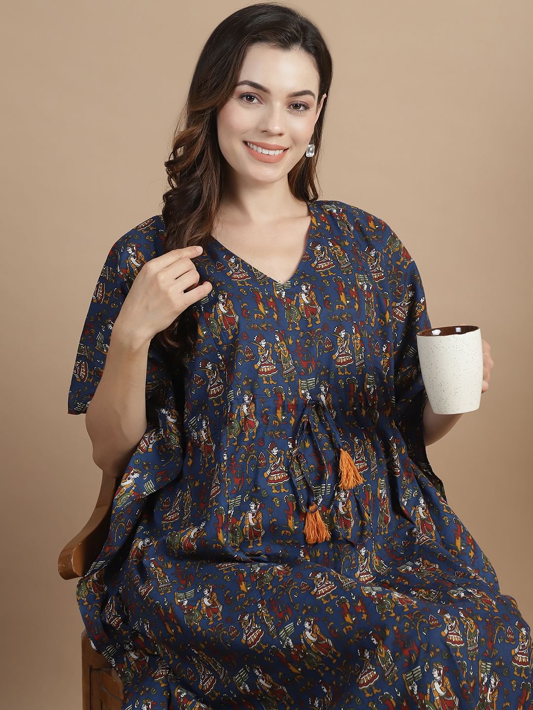 Navy Blue Ethnic Cotton Maternity Kaftan