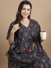Navy Blue Ethnic Cotton Maternity Kaftan
