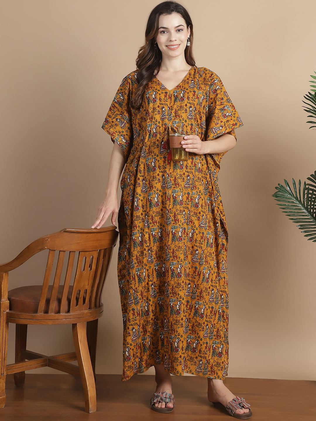 Mustard Ethnic Cotton Maternity Kaftan