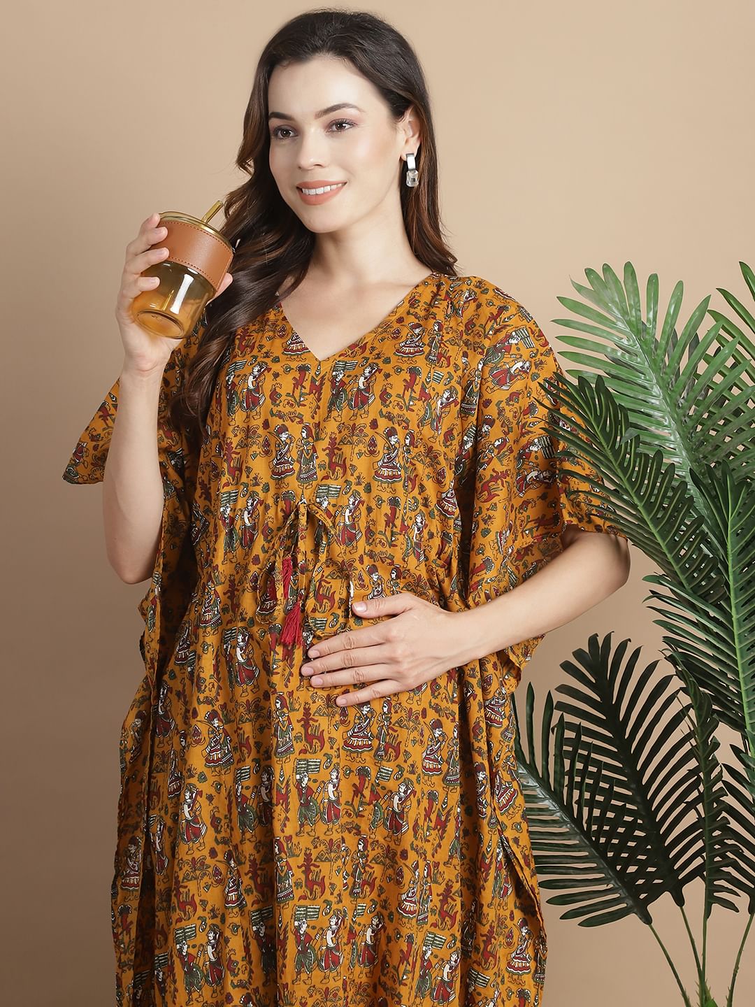 Mustard Ethnic Cotton Maternity Kaftan