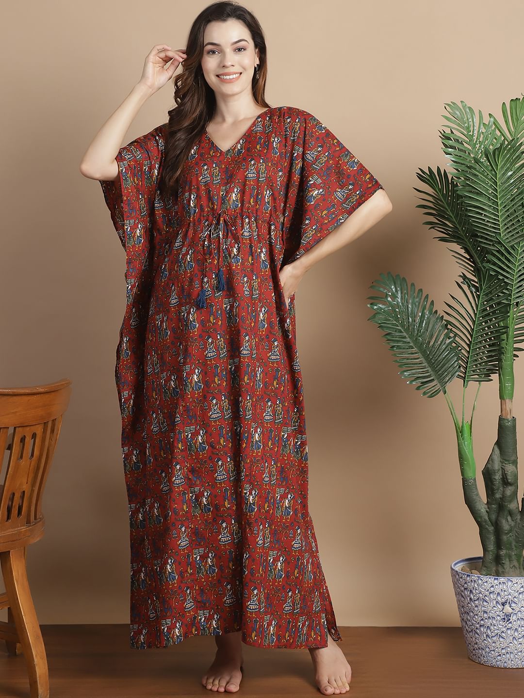 Maroon Ethnic Cotton Maternity Kaftan