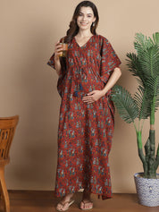 Maroon Ethnic Cotton Maternity Kaftan