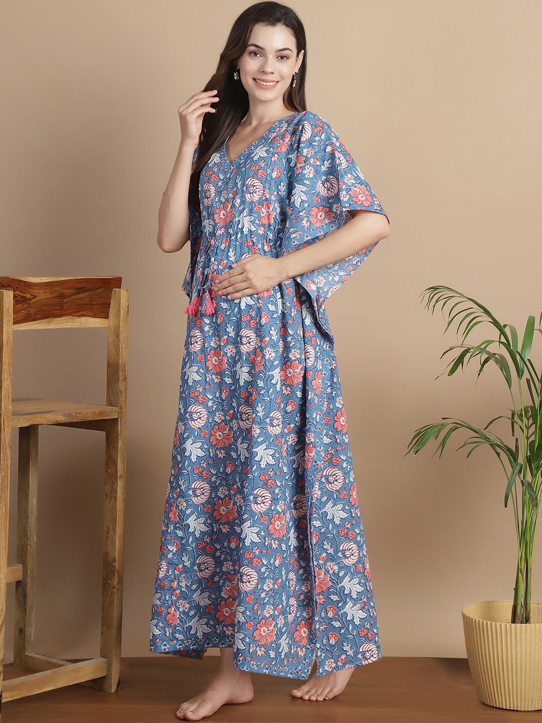Light Blue Floral Cotton Maternity Kaftan