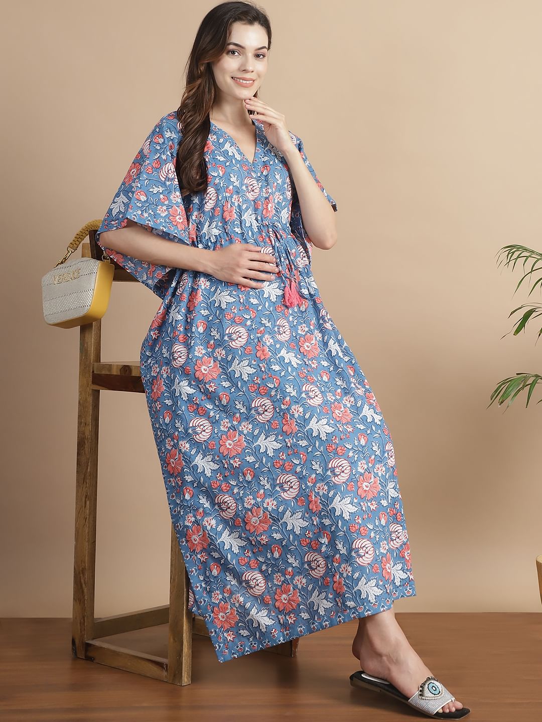 Light Blue Floral Cotton Maternity Kaftan