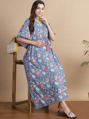 Light Blue Floral Cotton Maternity Kaftan