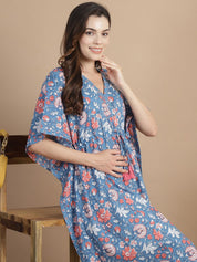 Light Blue Floral Cotton Maternity Kaftan