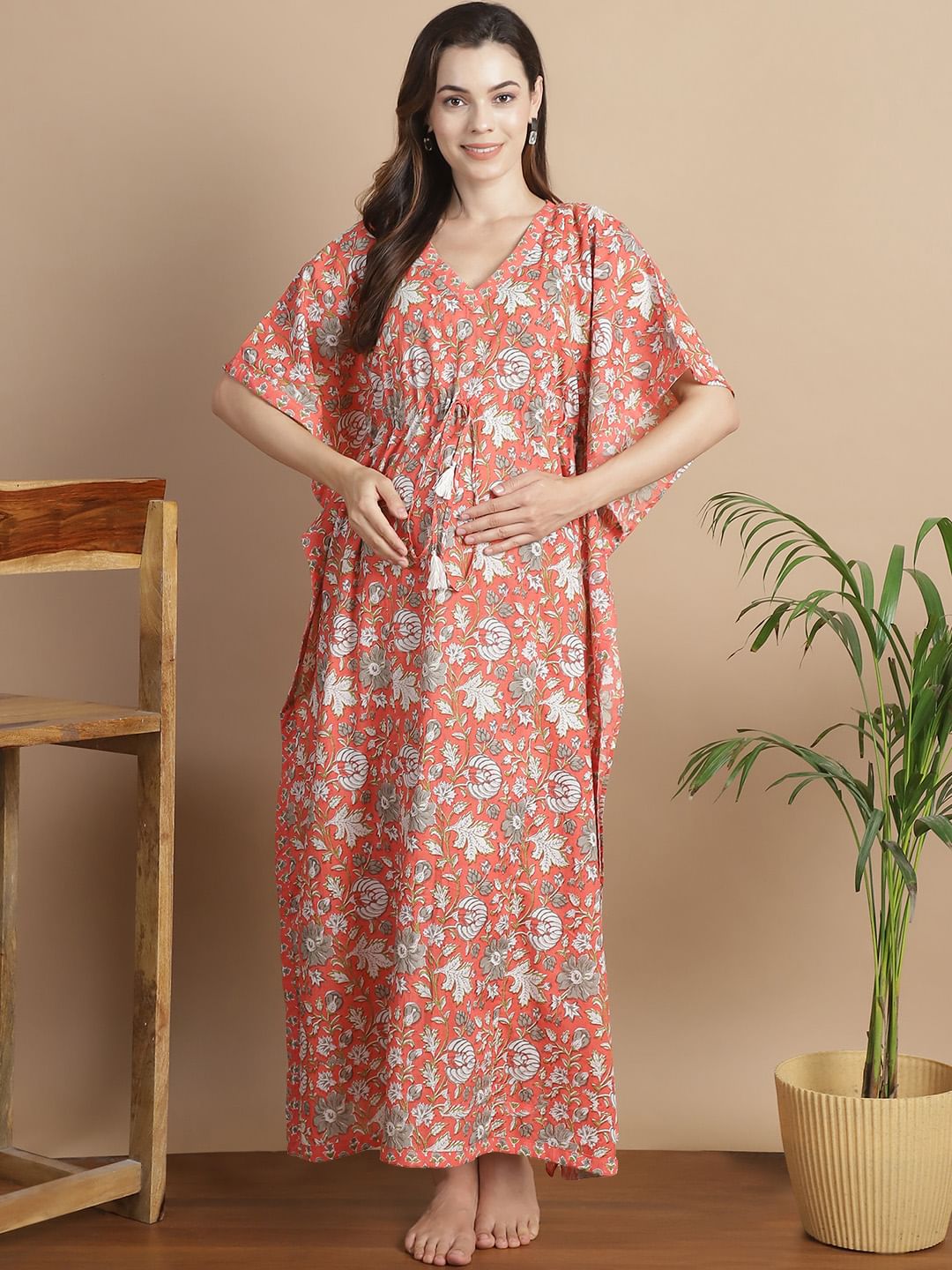 Peach Floral Cotton Maternity Kaftan