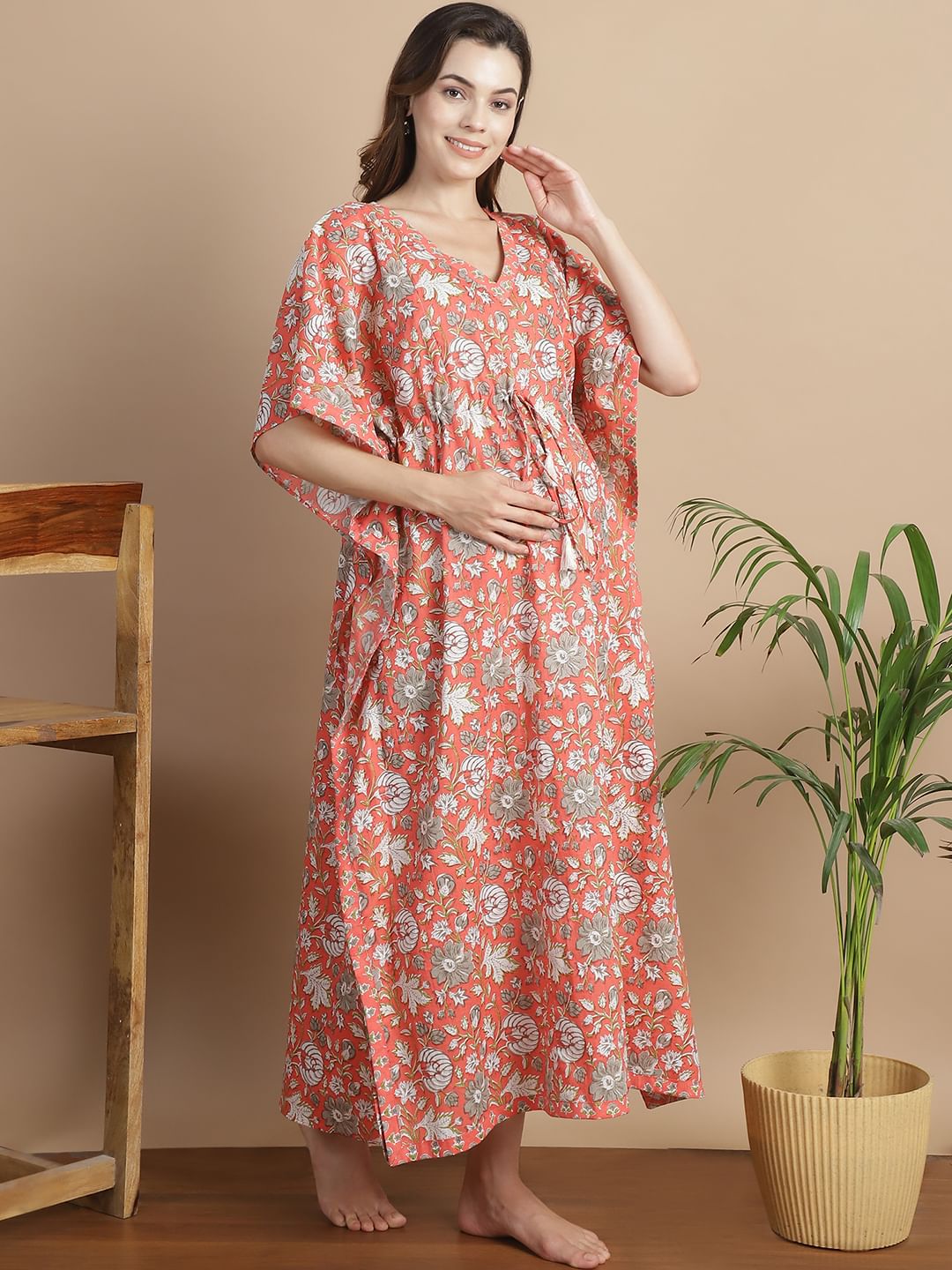 Peach Floral Cotton Maternity Kaftan