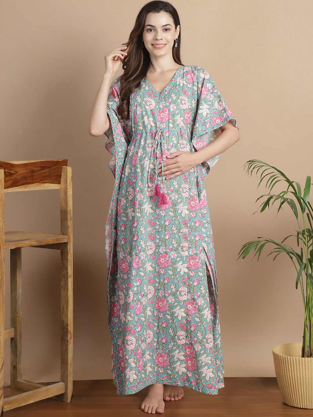 Light Green Floral Cotton Maternity Kaftan