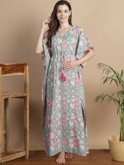 Light Green Floral Cotton Maternity Kaftan