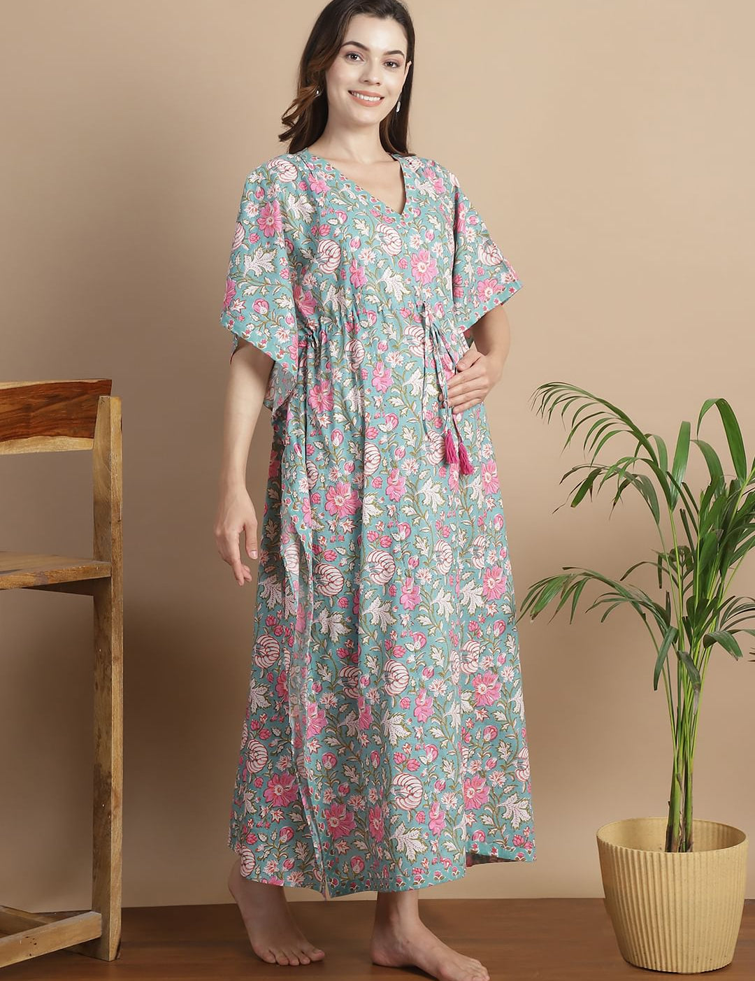 Light Green Floral Cotton Maternity & Feeding Kaftan