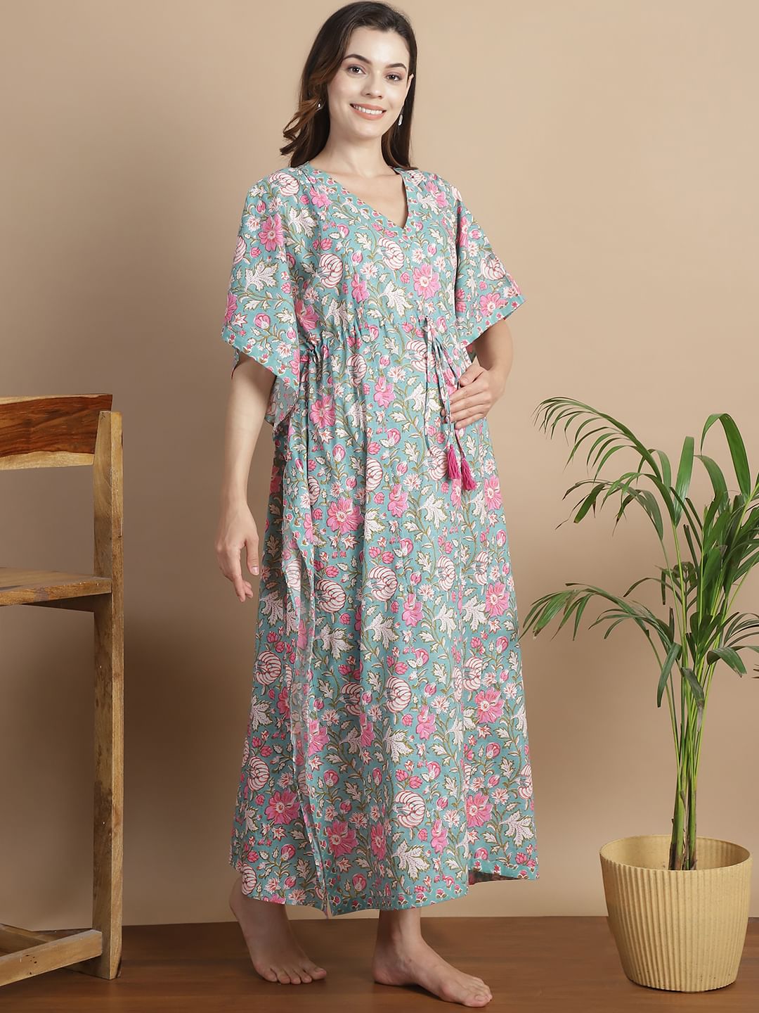 Light Green Floral Cotton Maternity Kaftan