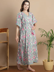 Light Green Floral Cotton Maternity Kaftan
