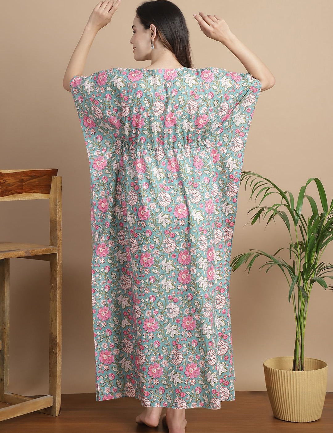 Light Green Floral Cotton Maternity & Feeding Kaftan