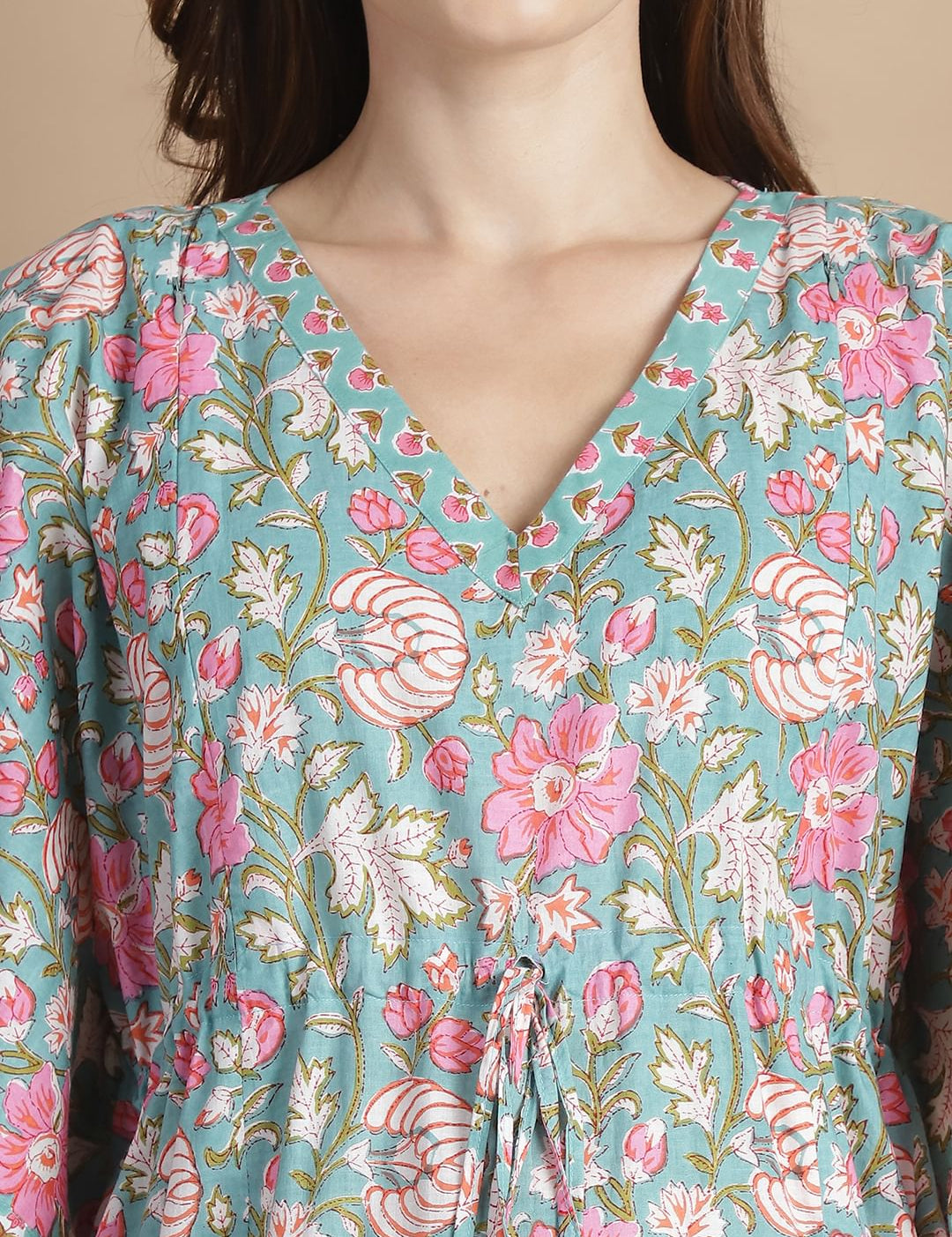 Light Green Floral Cotton Maternity & Feeding Kaftan