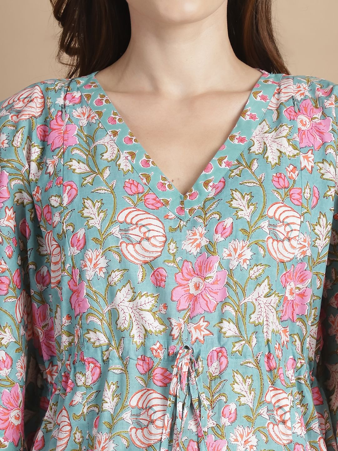 Light Green Floral Cotton Maternity Kaftan