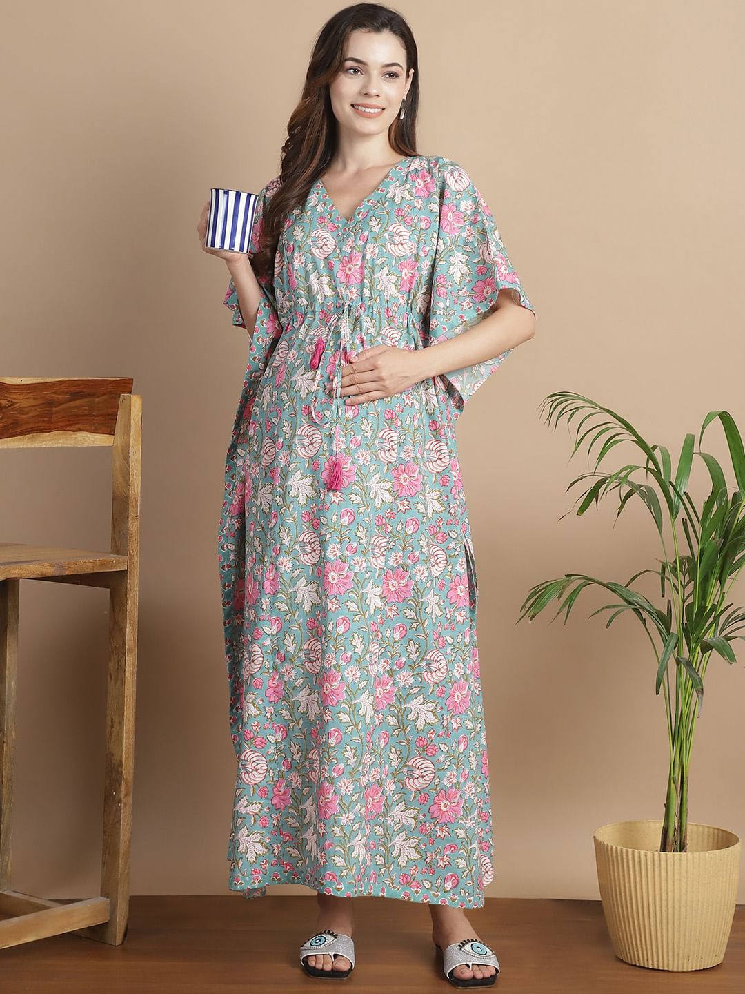 Light Green Floral Cotton Maternity Kaftan