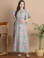 Light Green Floral Cotton Maternity Kaftan