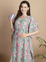 Light Green Floral Cotton Maternity Kaftan