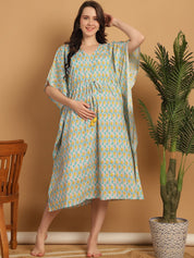 Sky Blue Printed Cotton Maternity Kaftan Nighty
