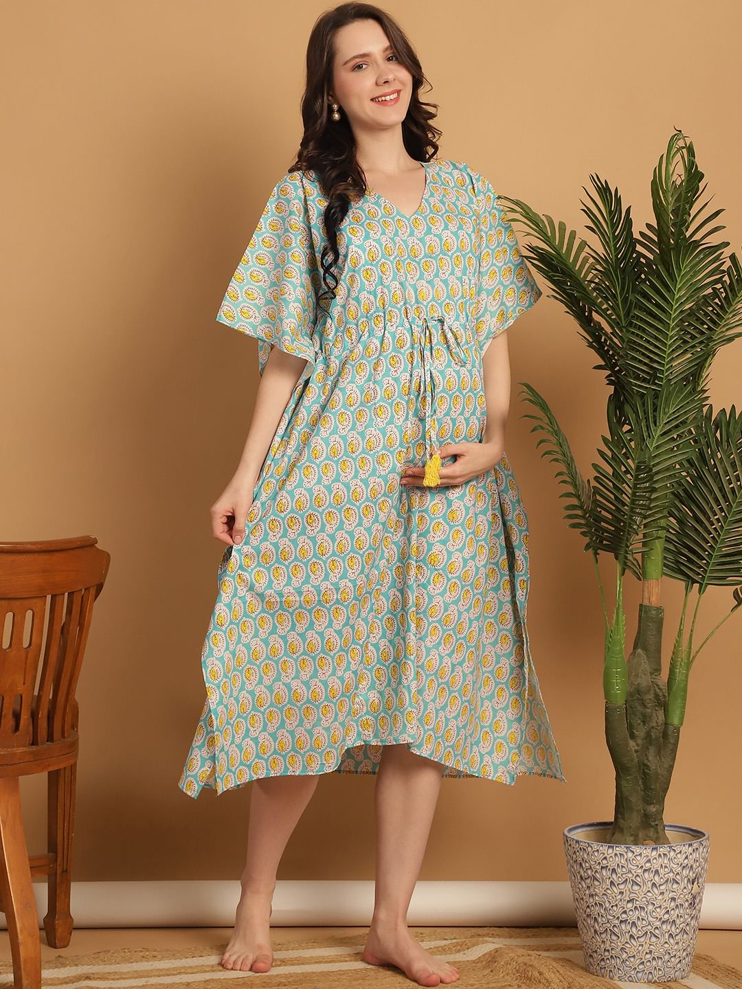 Sky Blue Printed Cotton Maternity Kaftan Nighty