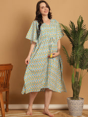 Sky Blue Printed Cotton Maternity Kaftan Nighty