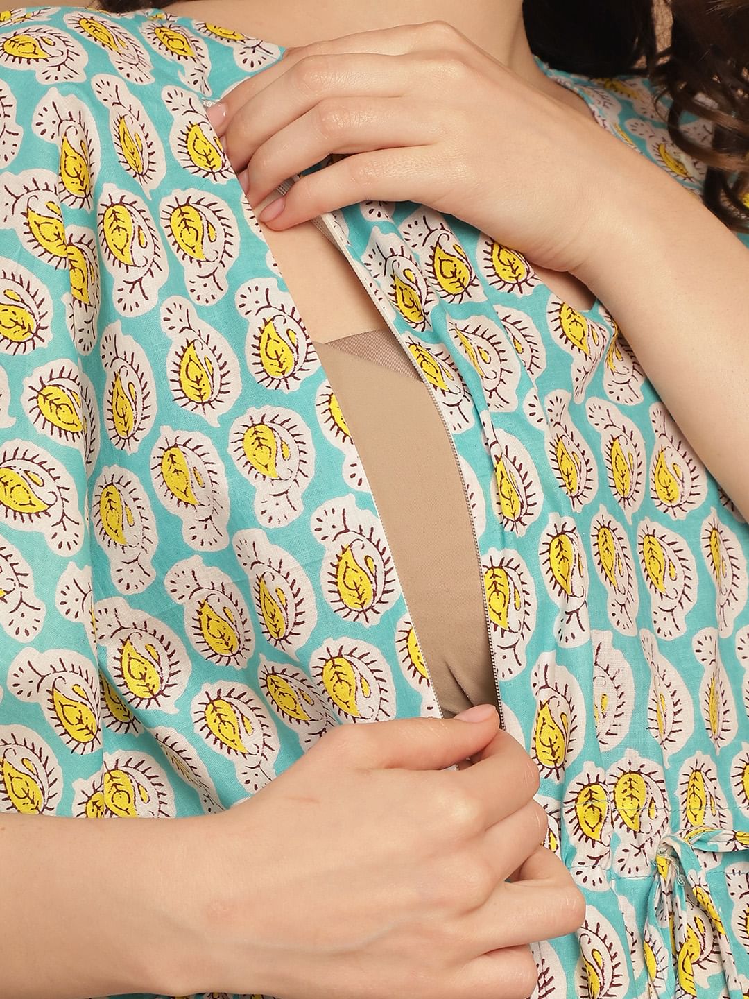 Sky Blue Printed Cotton Maternity Kaftan Nighty