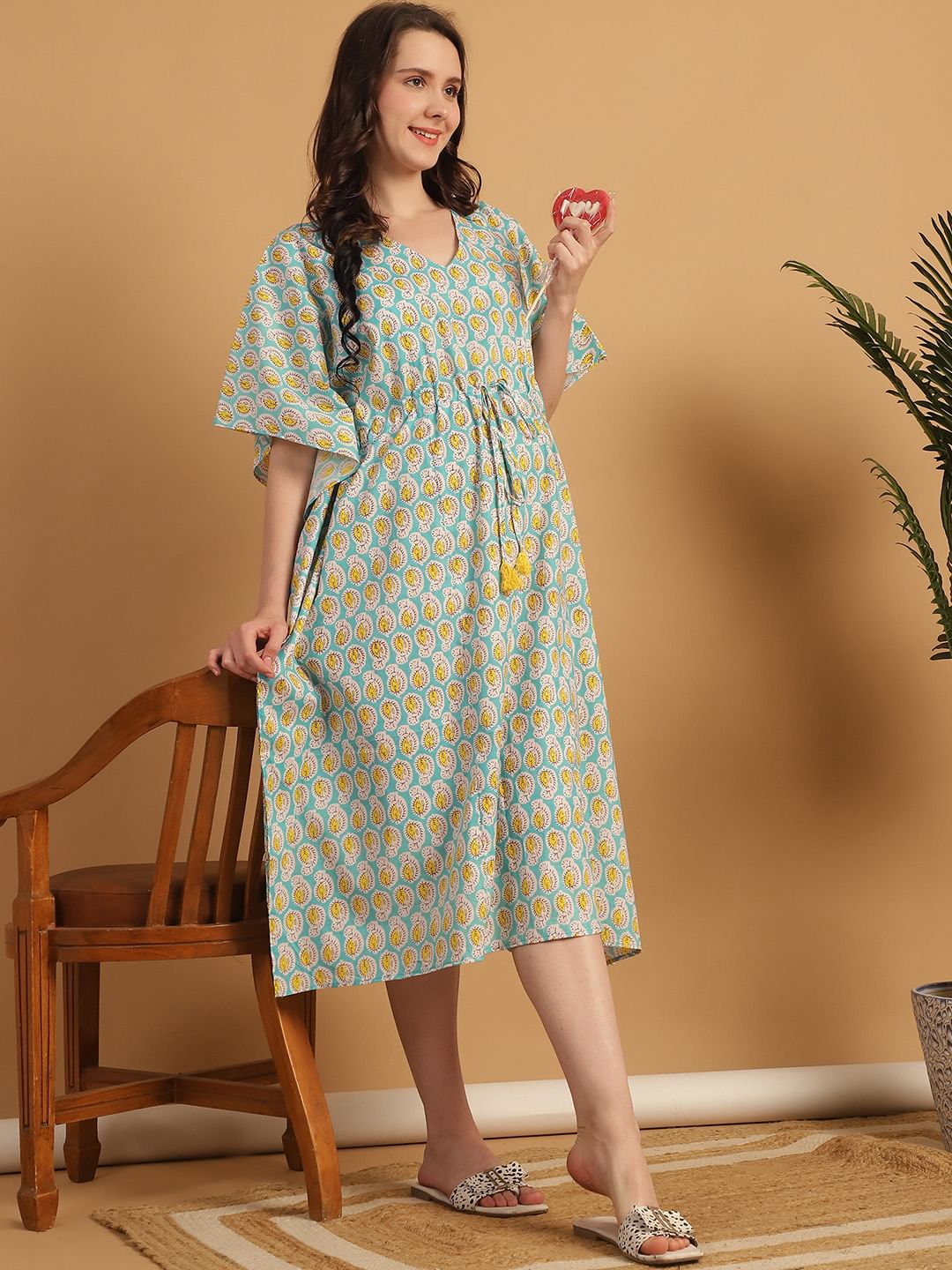 Sky Blue Printed Cotton Maternity Kaftan Nighty