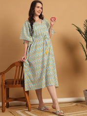 Sky Blue Printed Cotton Maternity Kaftan Nighty