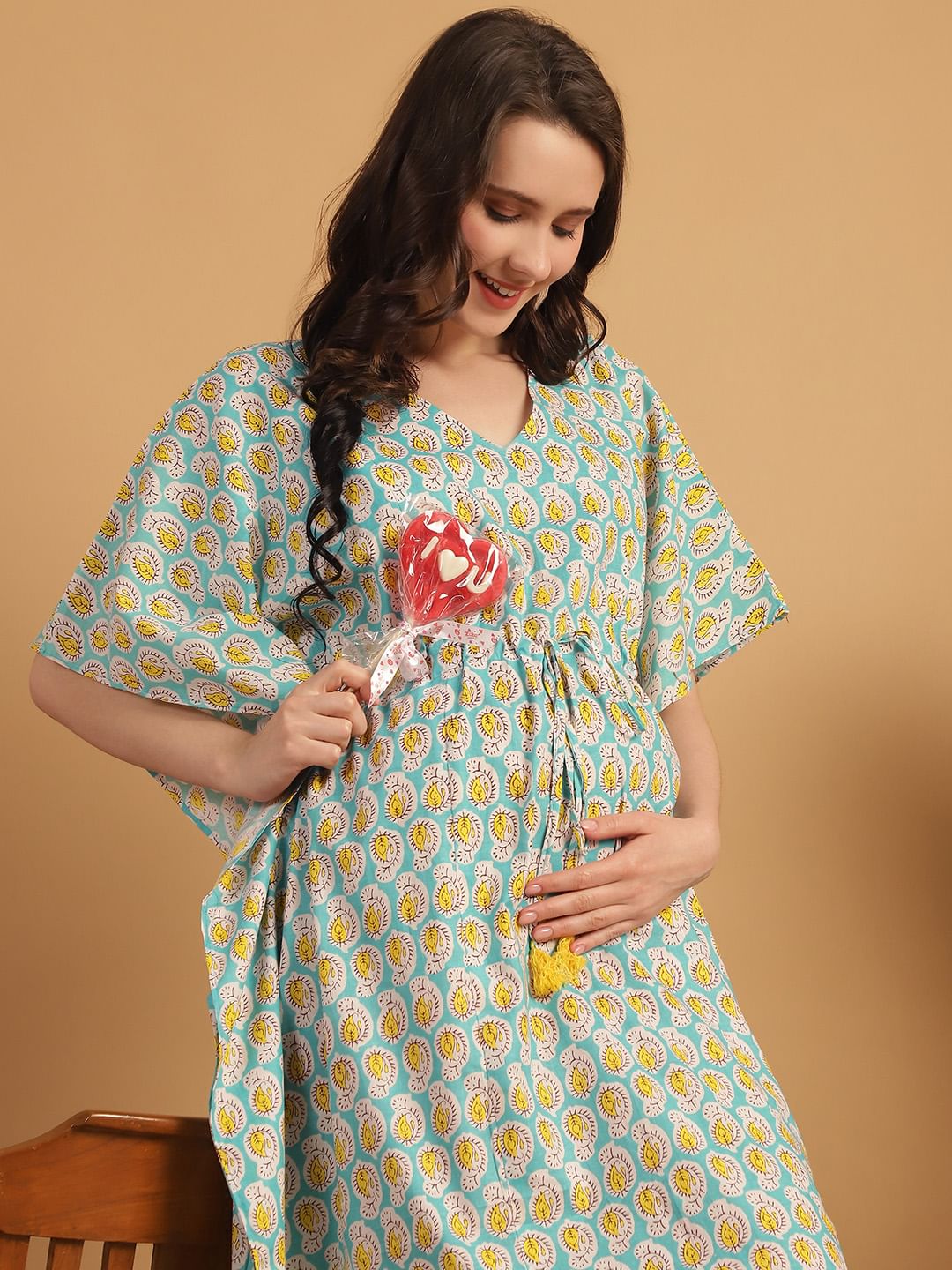 Sky Blue Printed Cotton Maternity Kaftan Nighty