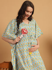Sky Blue Printed Cotton Maternity Kaftan Nighty