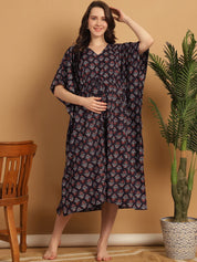 Navy Blue Floral Print Cotton Maternity Kaftan Nighty
