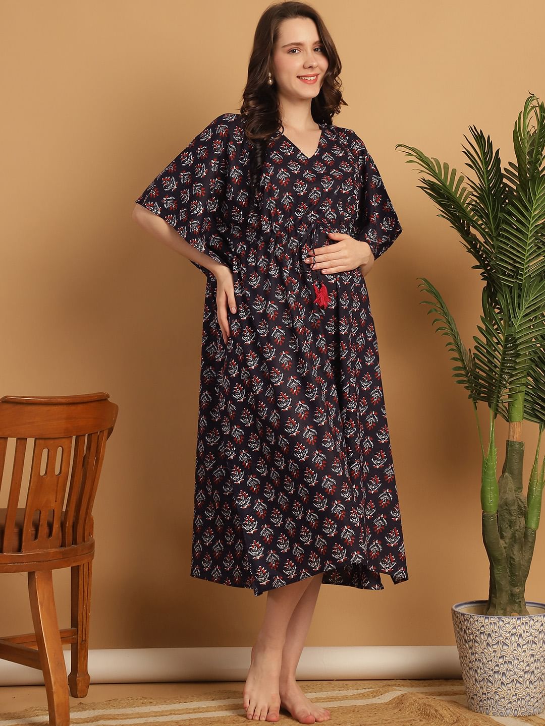 Navy Blue Floral Print Cotton Maternity Kaftan Nighty