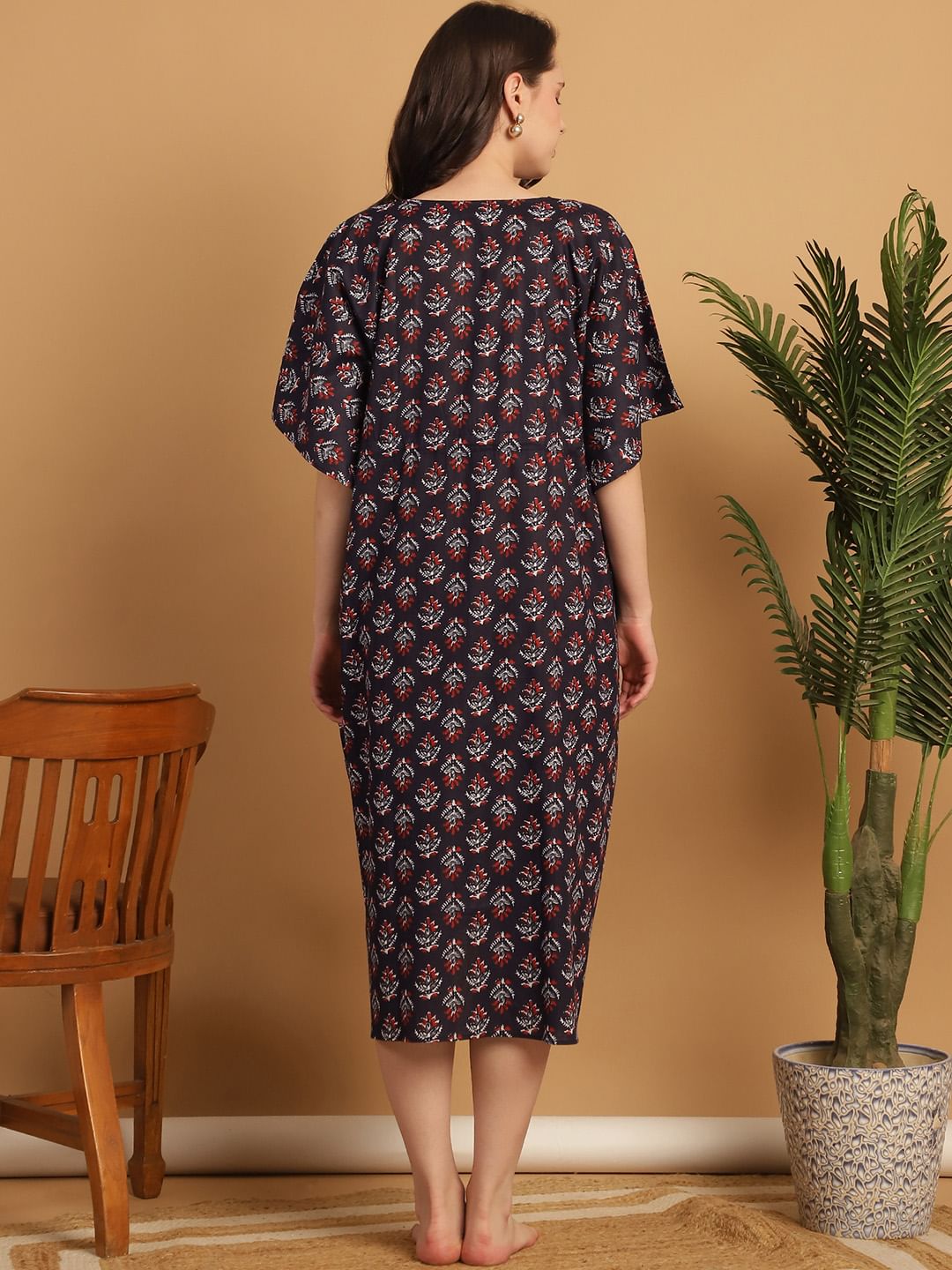 Navy Blue Floral Print Cotton Maternity Kaftan Nighty