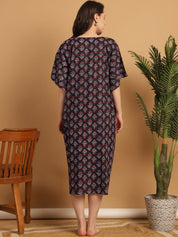Navy Blue Floral Print Cotton Maternity Kaftan Nighty