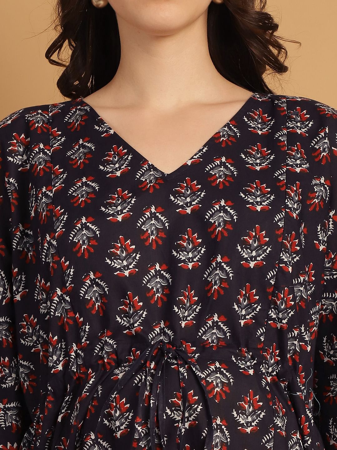 Navy Blue Floral Print Cotton Maternity Kaftan Nighty