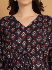 Navy Blue Floral Print Cotton Maternity Kaftan Nighty