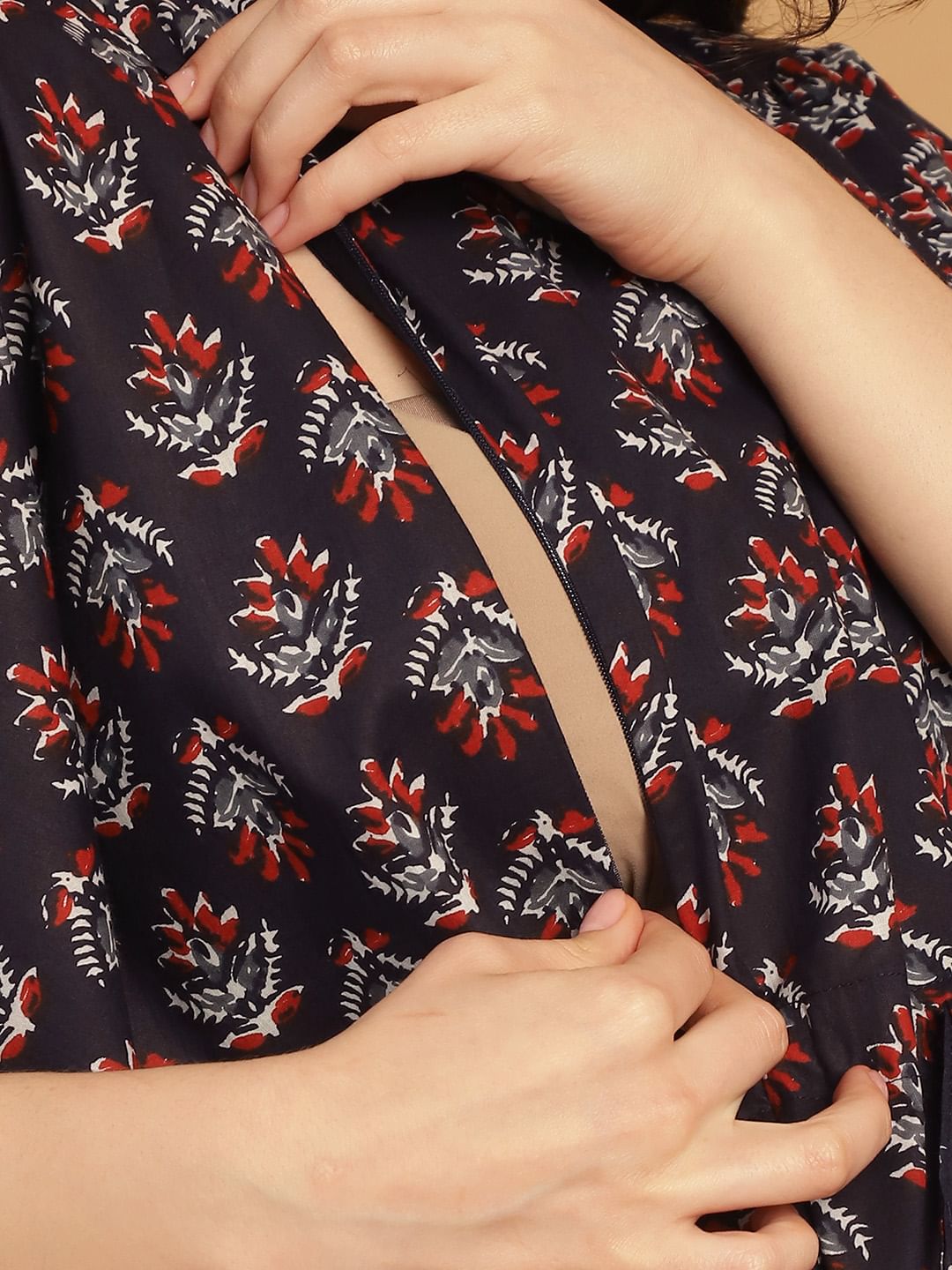 Navy Blue Floral Print Cotton Maternity Kaftan Nighty