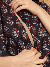 Navy Blue Floral Print Cotton Maternity Kaftan Nighty