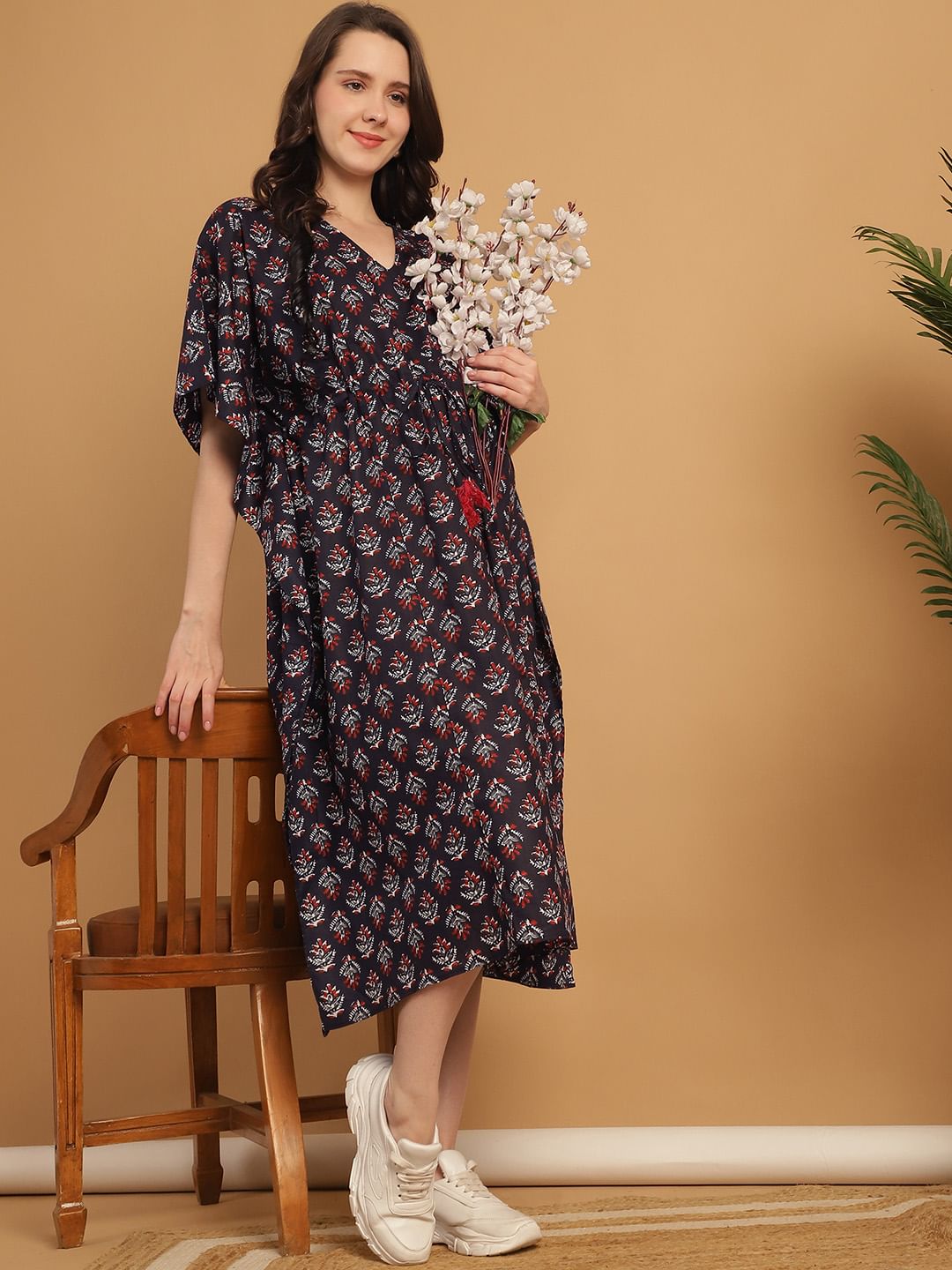 Navy Blue Floral Print Cotton Maternity Kaftan Nighty