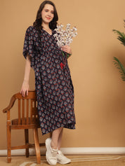 Navy Blue Floral Print Cotton Maternity Kaftan Nighty