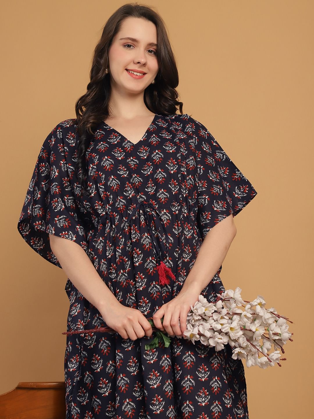 Navy Blue Floral Print Cotton Maternity Kaftan Nighty