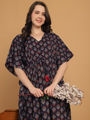 Navy Blue Floral Print Cotton Maternity Kaftan Nighty