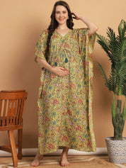 Yellow Floral Print Cotton Maternity Kaftan Nighty
