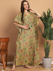 Yellow Floral Print Cotton Maternity Kaftan Nighty