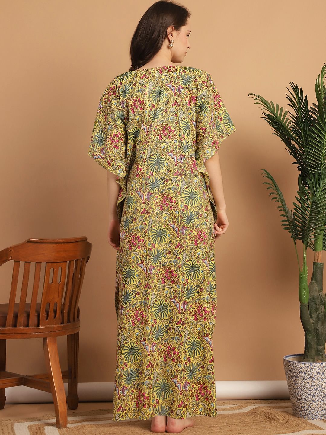 Yellow Floral Print Cotton Maternity Kaftan Nighty