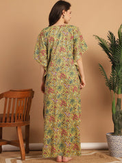Yellow Floral Print Cotton Maternity Kaftan Nighty