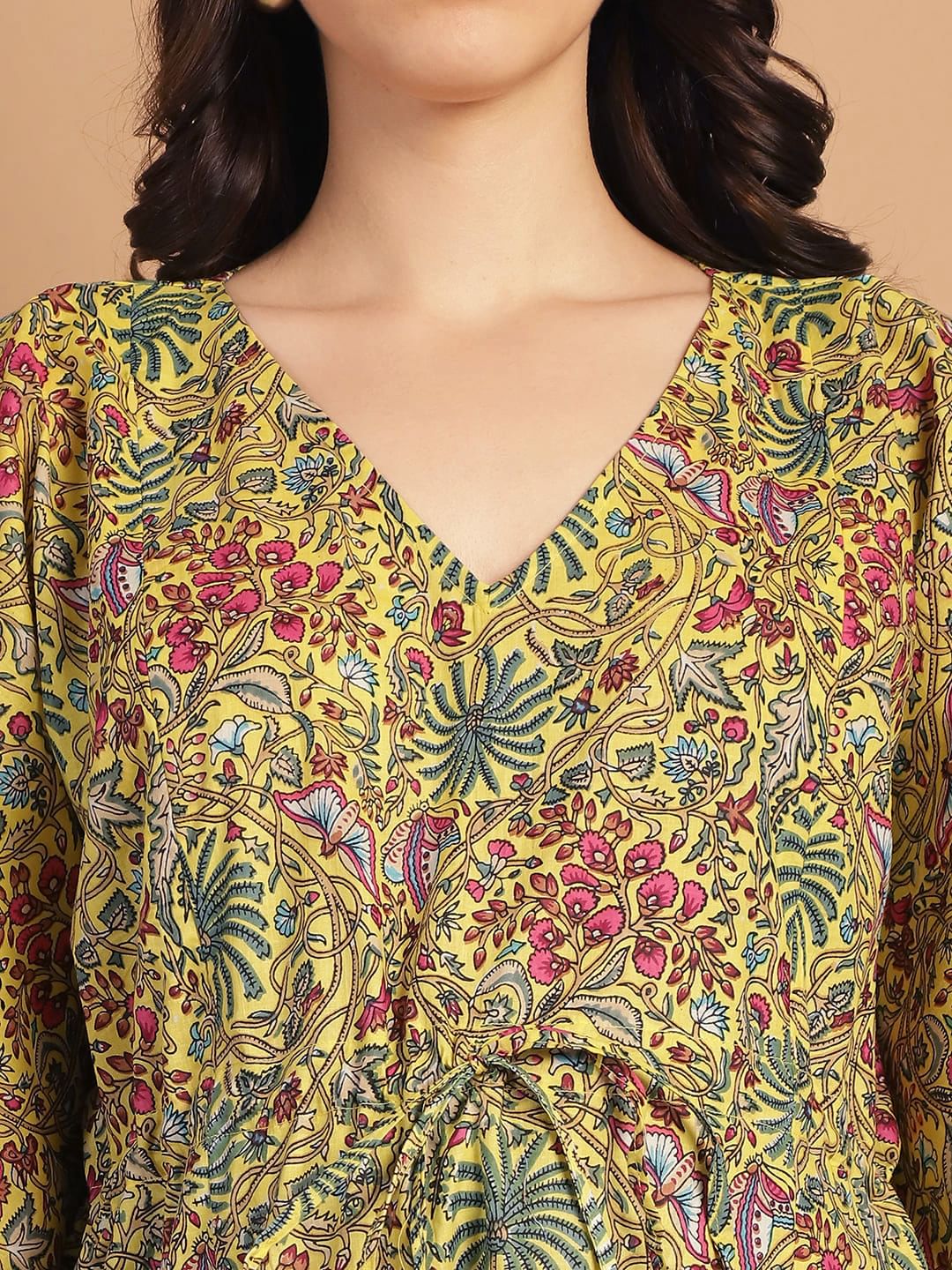 Yellow Floral Print Cotton Maternity Kaftan Nighty