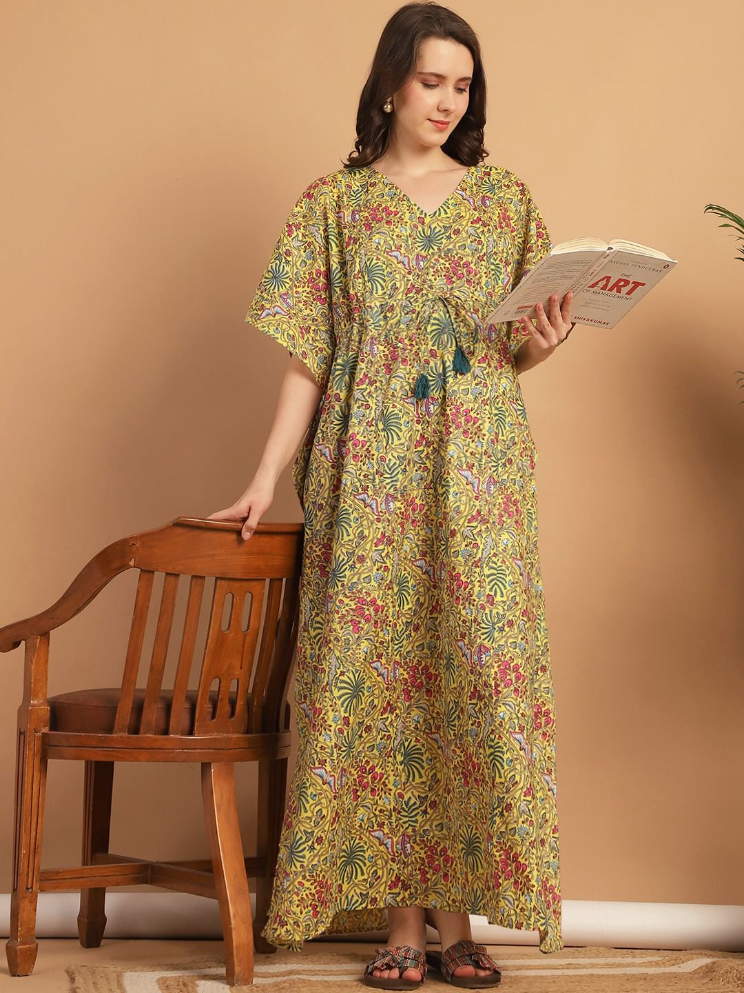 Yellow Floral Print Cotton Maternity Kaftan Nighty