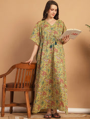 Yellow Floral Print Cotton Maternity Kaftan Nighty